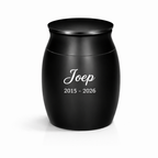 De laatste aai zwarte RVS mini-urn van 25 ml met persoonlijke gravure voor as of haar van een huisdier.
