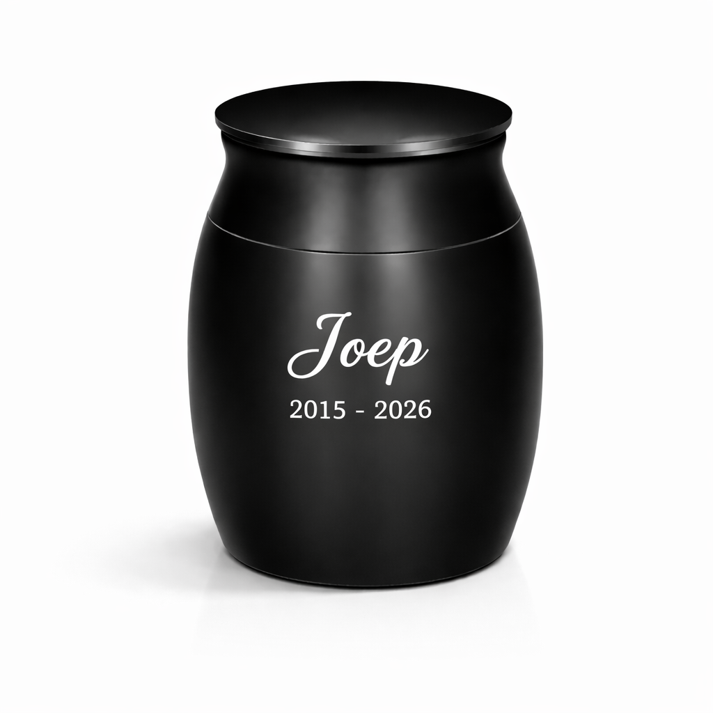 De laatste aai zwarte RVS mini-urn van 25 ml met persoonlijke gravure voor as of haar van een huisdier.