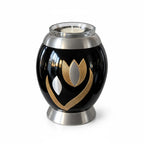 De laatste aai zwarte aluminium mini urn met goud-zilveren tulp en glazen waxinelichthouder voor huisdieras