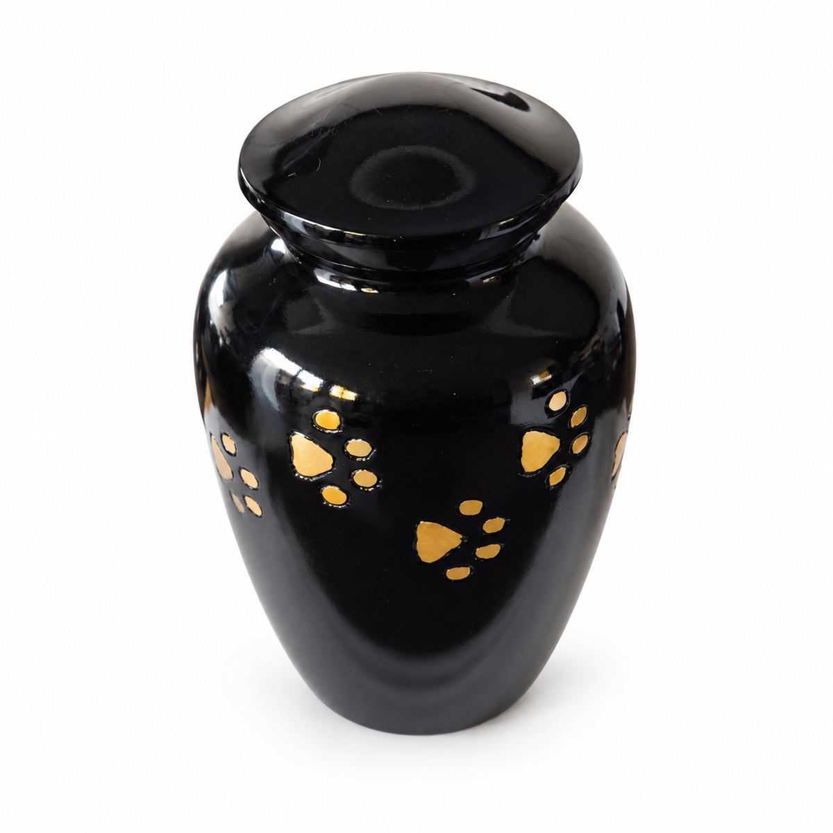 De laatste aai zwarte aluminium urn met handgelegde gouden pootafdrukken voor een kat of kleine hond.