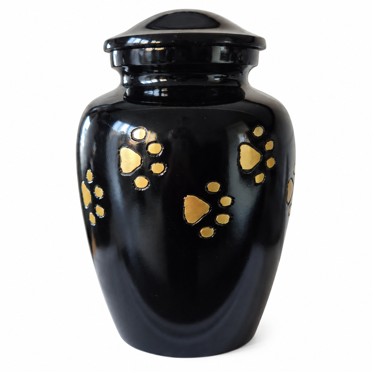 De laatste aai zwarte aluminium urn met handgelegde gouden pootafdrukken voor een kat of kleine hond.