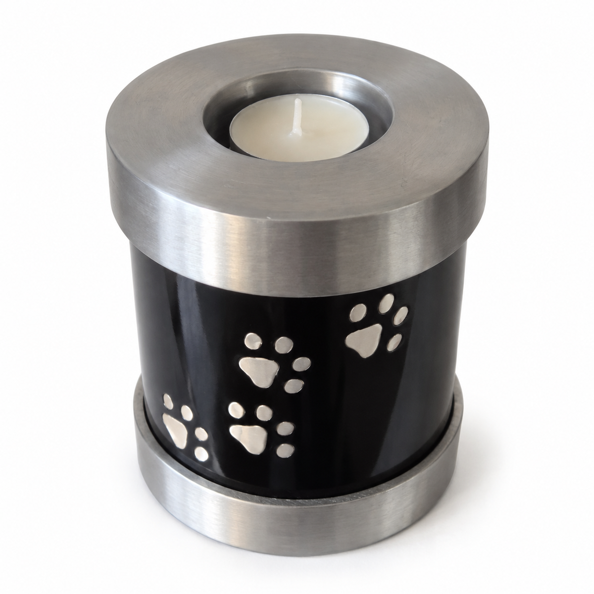 De laatste aai zwarte aluminium urn voor huisdieren met zilveren pootafdrukken en houder voor een waxinelichtje