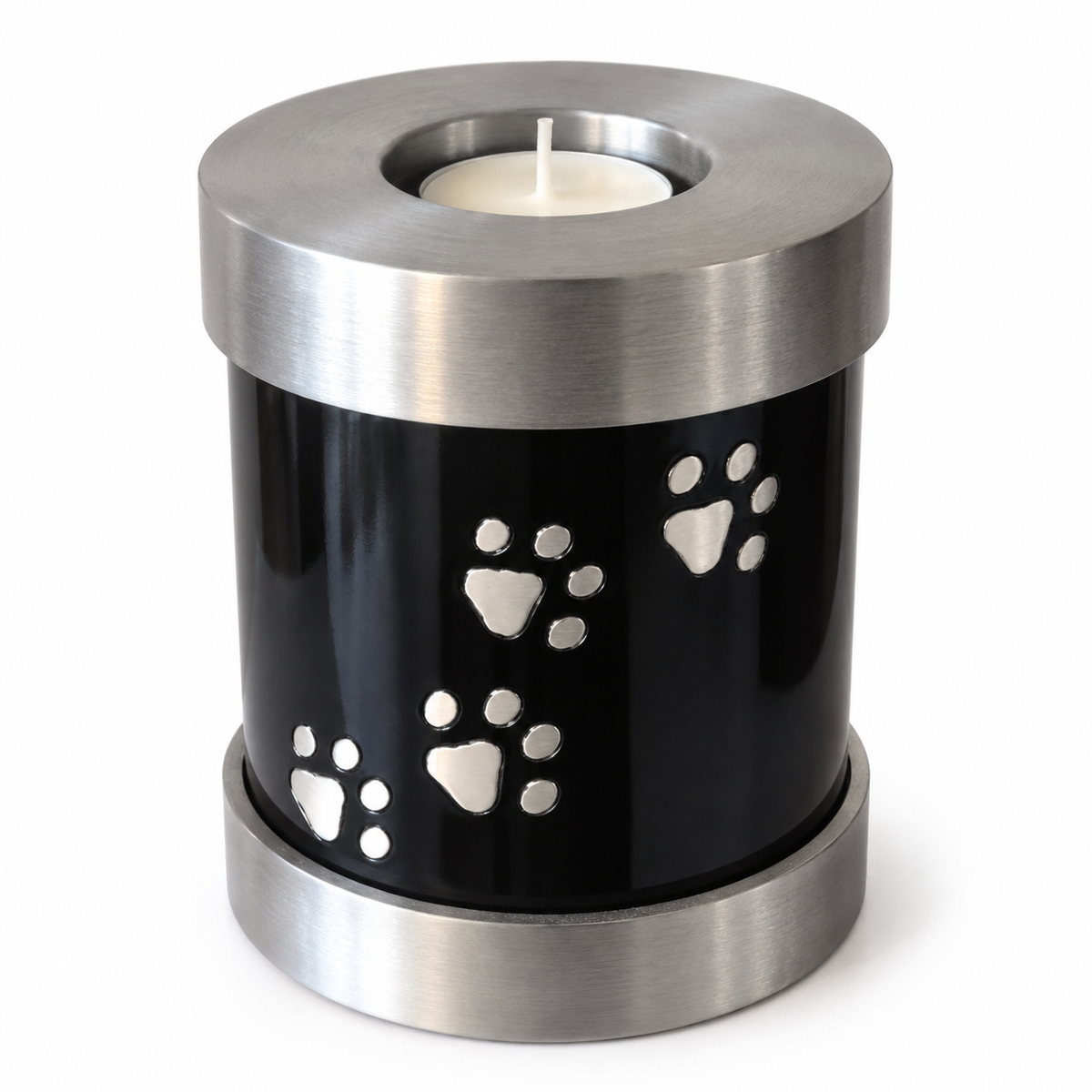 De laatste aai zwarte aluminium urn voor huisdieren met zilveren pootafdrukken en een waxinelichthouder bovenop.