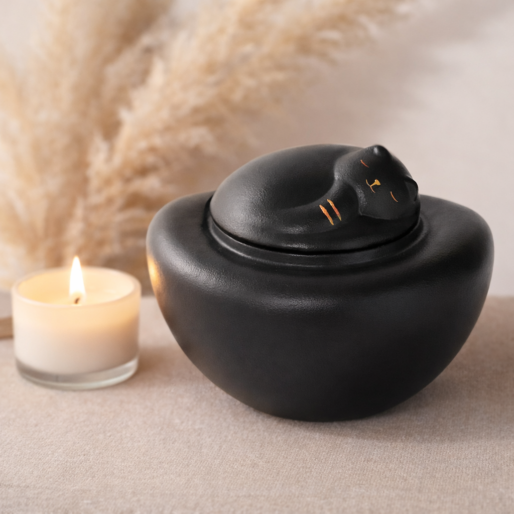 Ronde urn voor katten van zwart keramiek met decoratieve deksel