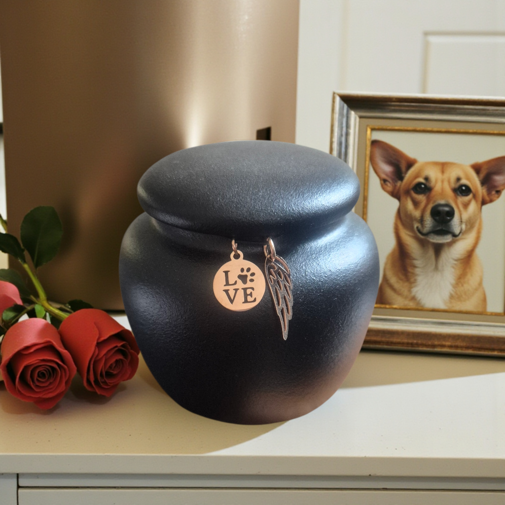 Kleine zwarte urn voor een deel van de as van hond of kat