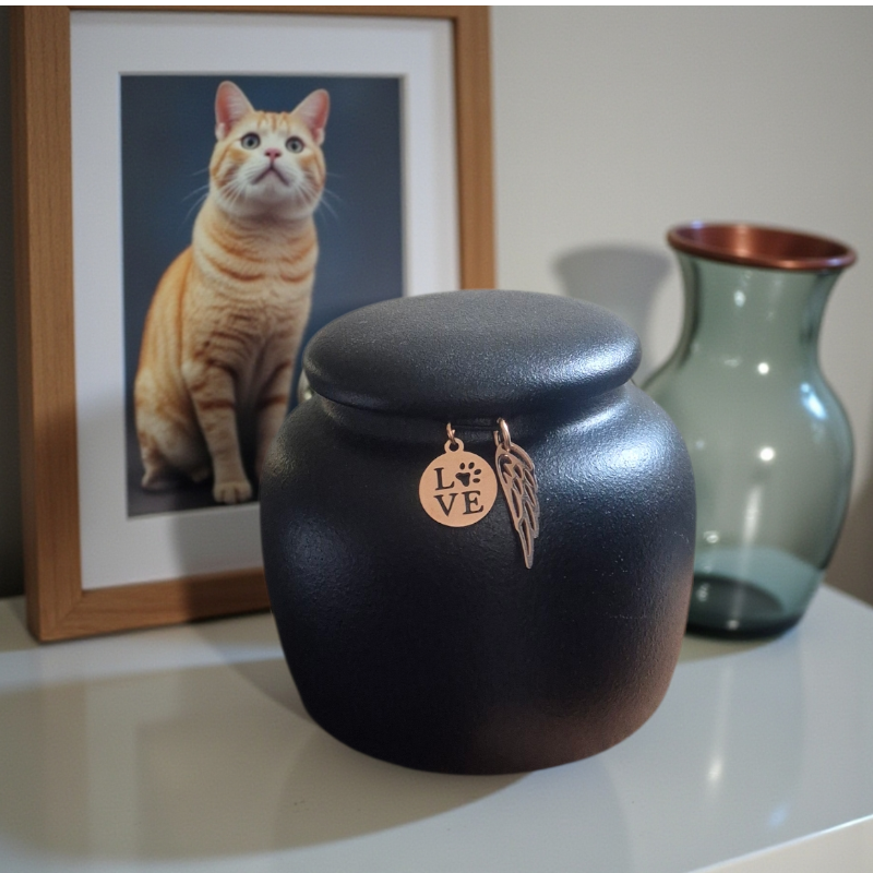 Zwarte keramische urn van 150 ml met roségouden keepsake hangertjes