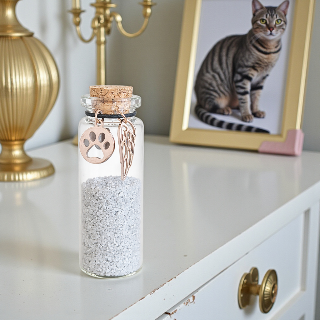 Glazen memorial flesje met roségoudkleurige hanger voor huisdier