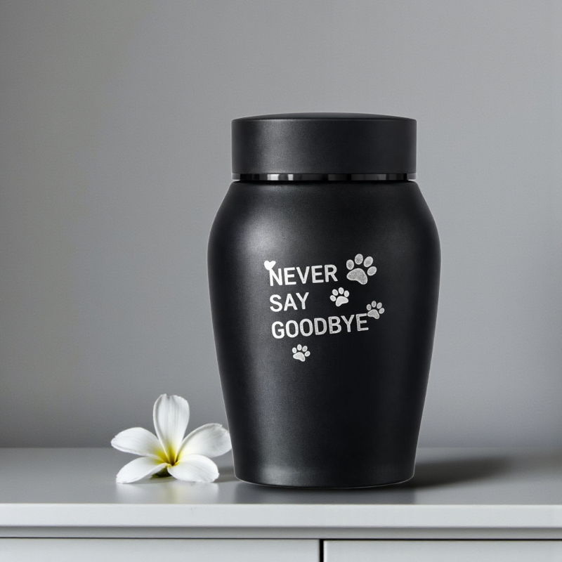 Pet memorial urn in zwart met emotionele gravure en pootjes, centraal gepositioneerd in een warme compositie.

