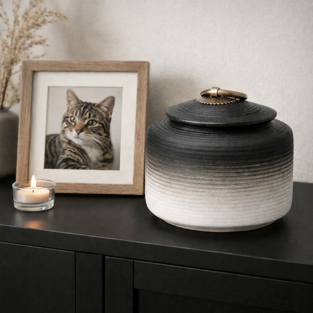 Stijlvolle zwart‑witte urn van keramiek voor as van hond of kat

