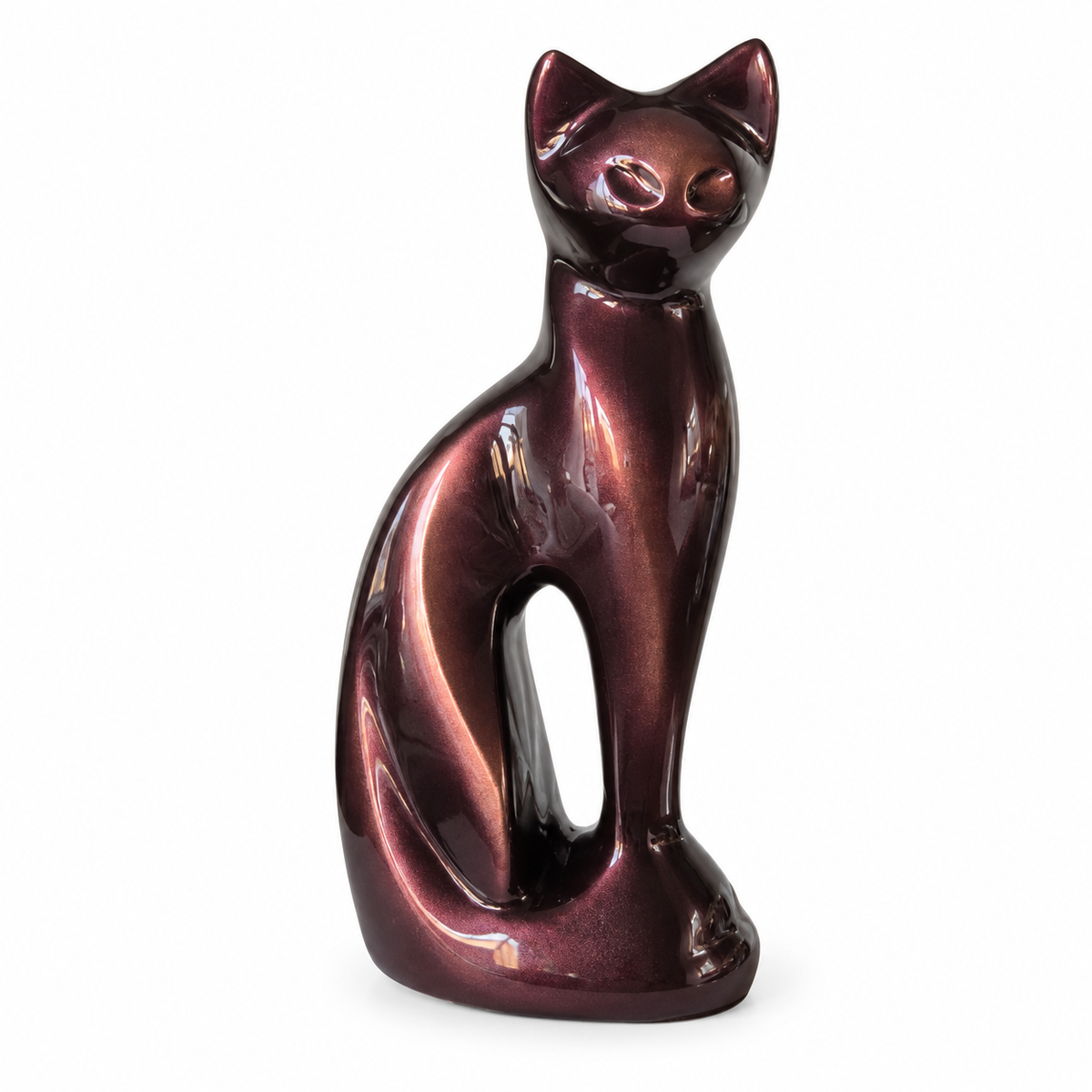 De laatste aai kattenurn in de vorm van een zittende kat, bruinrood aluminium